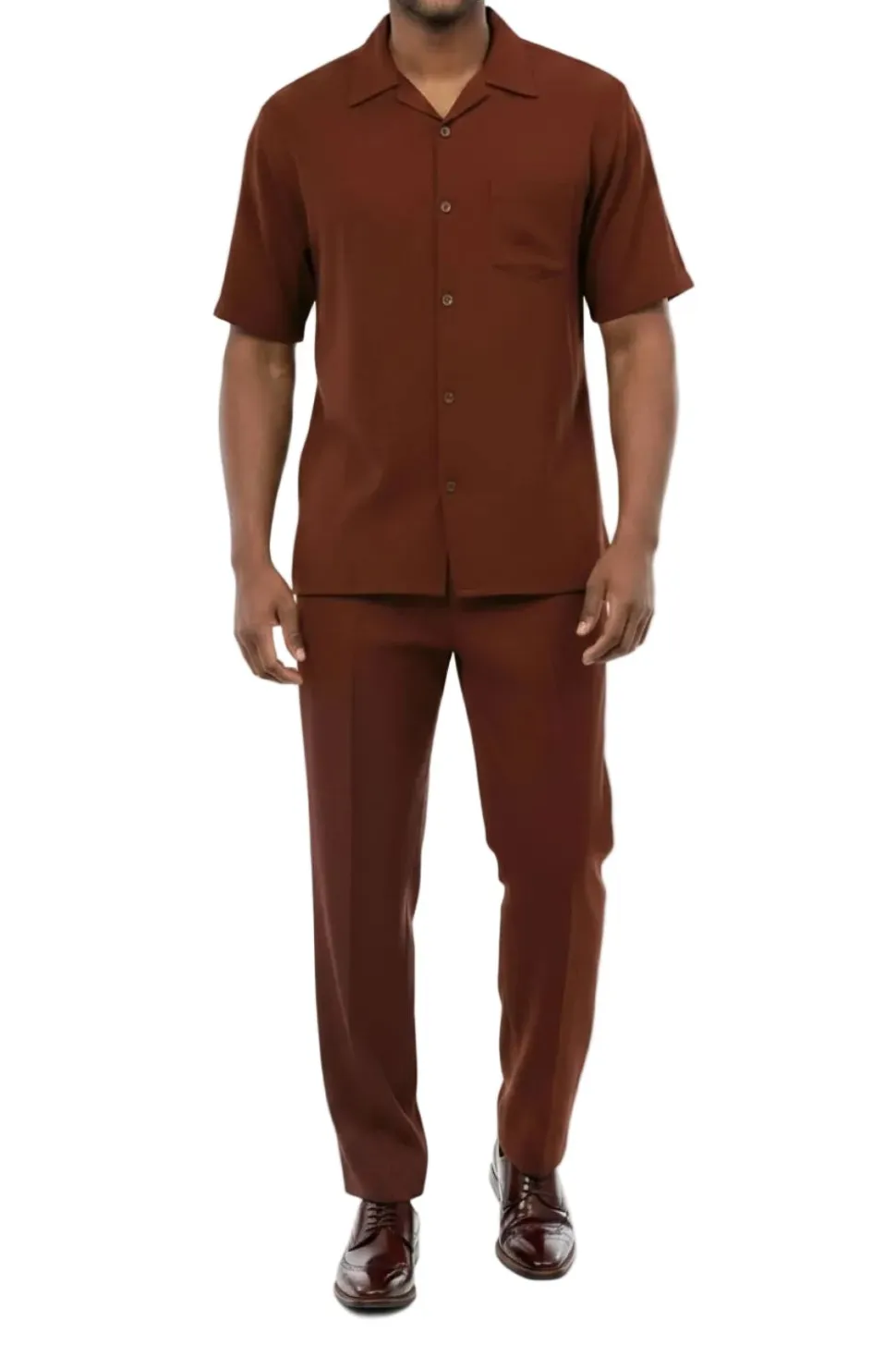 Short Sleeve Summer Walking Suit Set with Flexible Waist Pants - Maroon