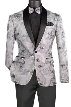 Silver Embroidery Slim Fit Jacket Shawl Lapel