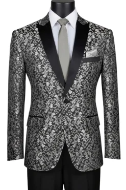 Silver Regular Fit Floral Pattern Jacket Peak Lapel