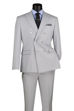 Silver Slim Fit Double Breasted 2 Piece Suit with Adjustable Waistband