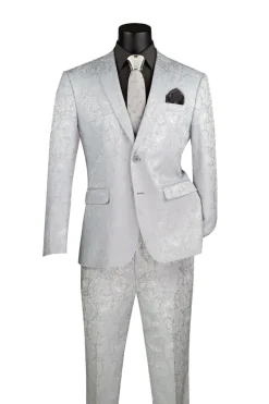 Silver Tone on Tone Paisley Pattern Slim Fit Men's 2 Piece Suit