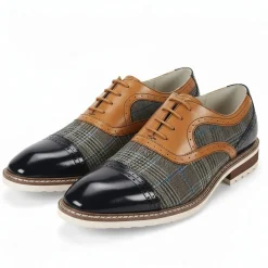 Sinclair Collection - Navy/Tan Plaid Leather Cap-Toe Dress Shoes