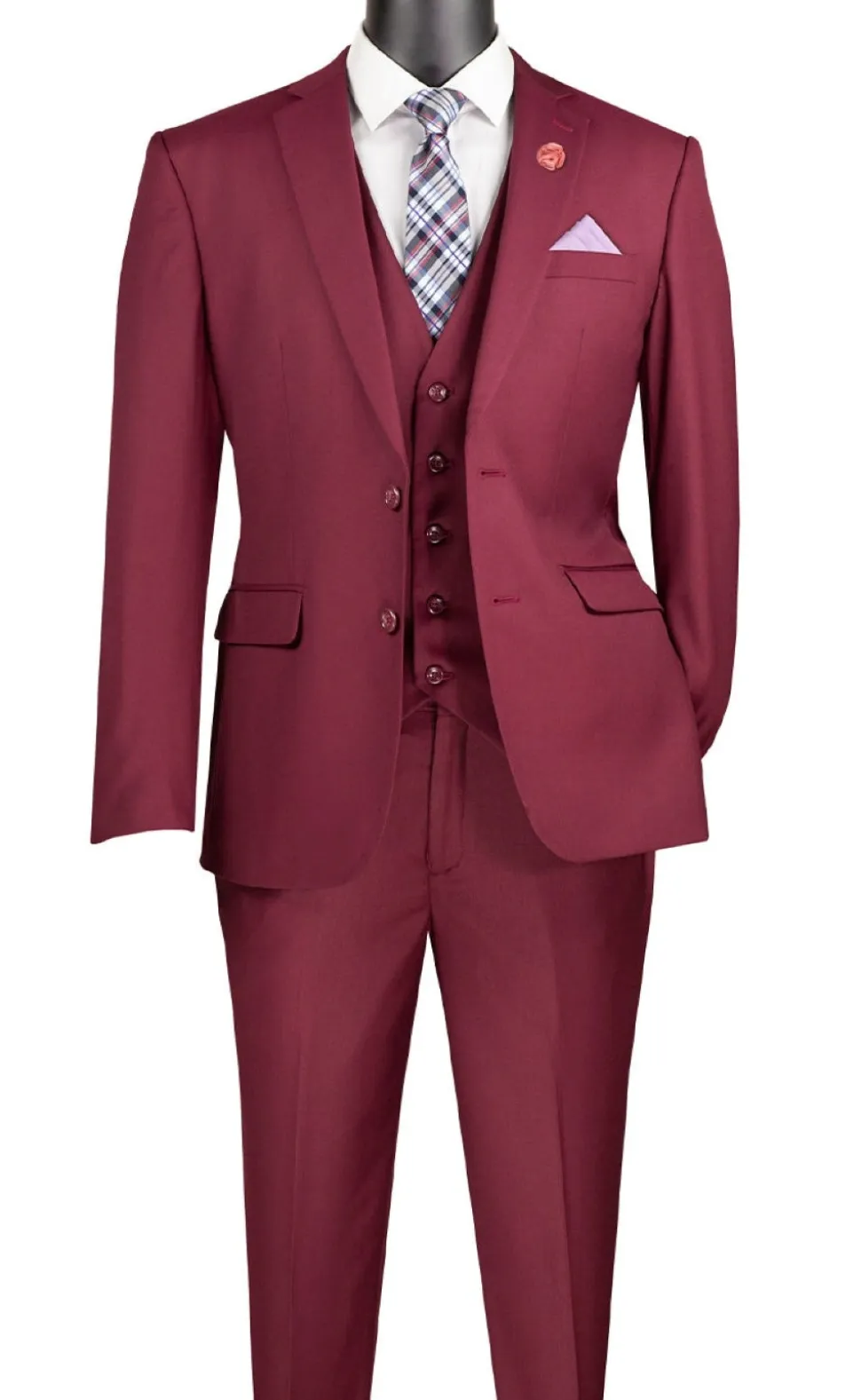 Slim Fit Business Men's Suit 3 Piece 2 Button in Burgundy