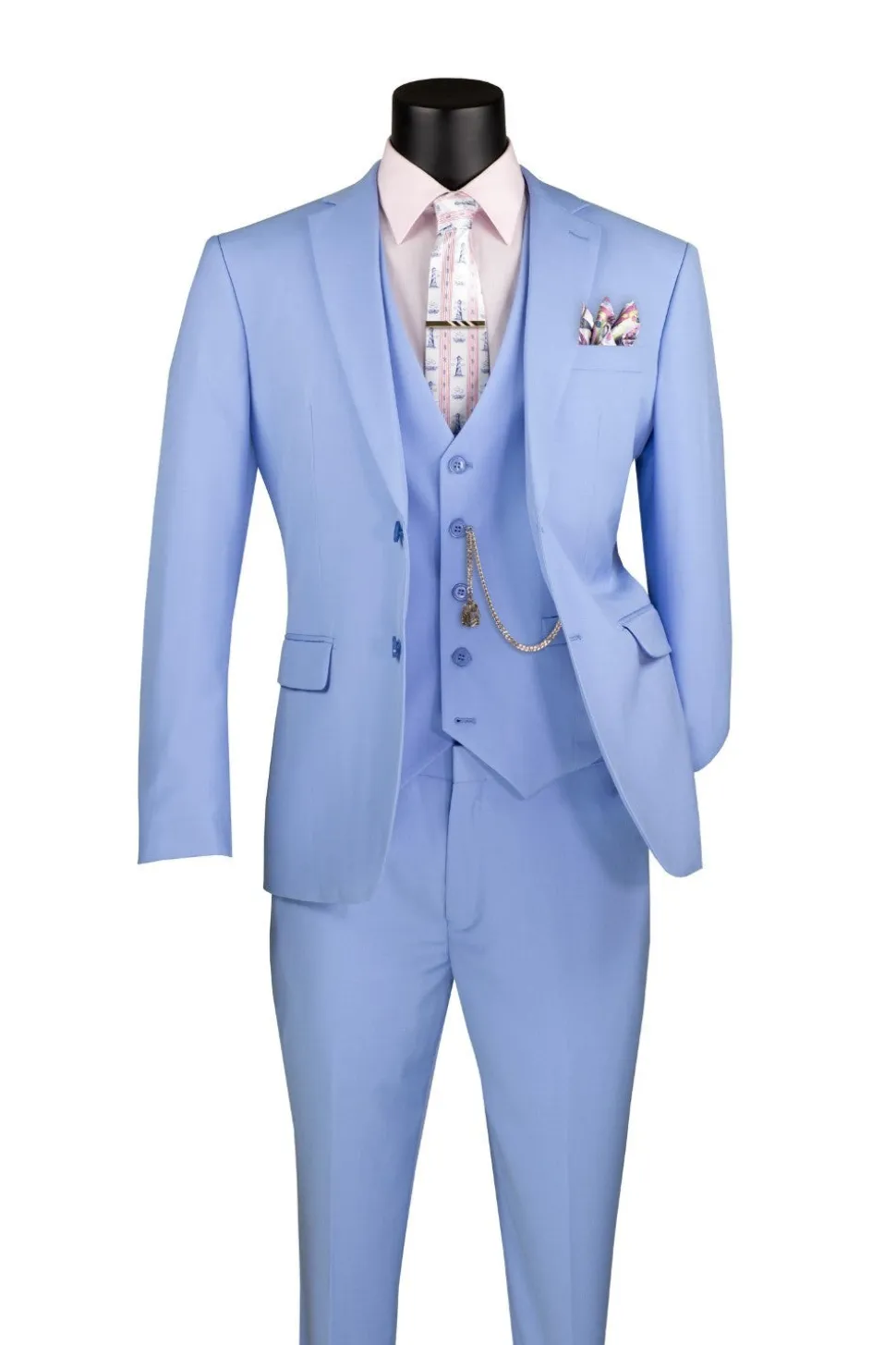 Slim Fit Business Men's Suit 3 Piece 2 Button in Light Blue