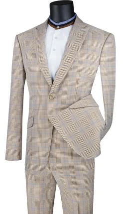 Slim Fit 2 Piece Suit Beige Glen Plaid Pattern Matching Pants