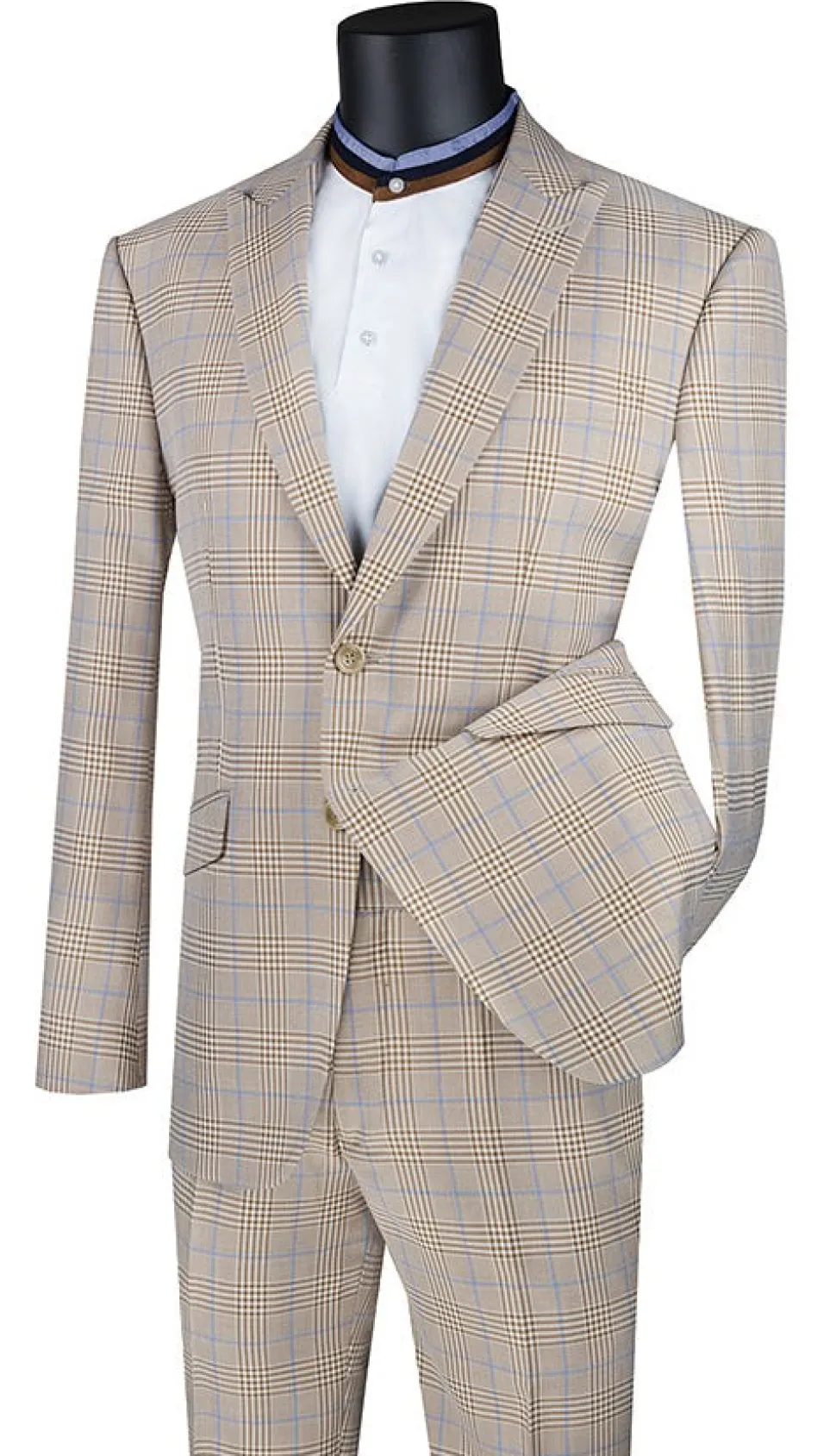 Slim Fit 2 Piece Suit Beige Glen Plaid Pattern Matching Pants