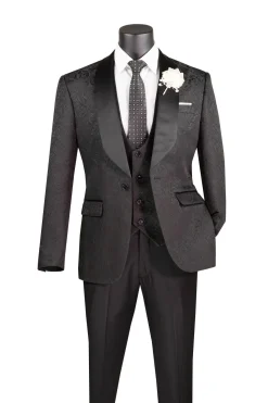 Slim Fit Tuxedo 3 Piece with Jacquard Pattern in Black