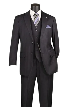Sovana Collection - Regular Fit 3 Piece Suit 2 Button Tone on Tone Stripe in Black
