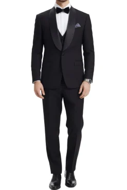 Stacy Adams - Black 3 Piece Hybrid Fit Tuxedo Satin Shawl Lapel