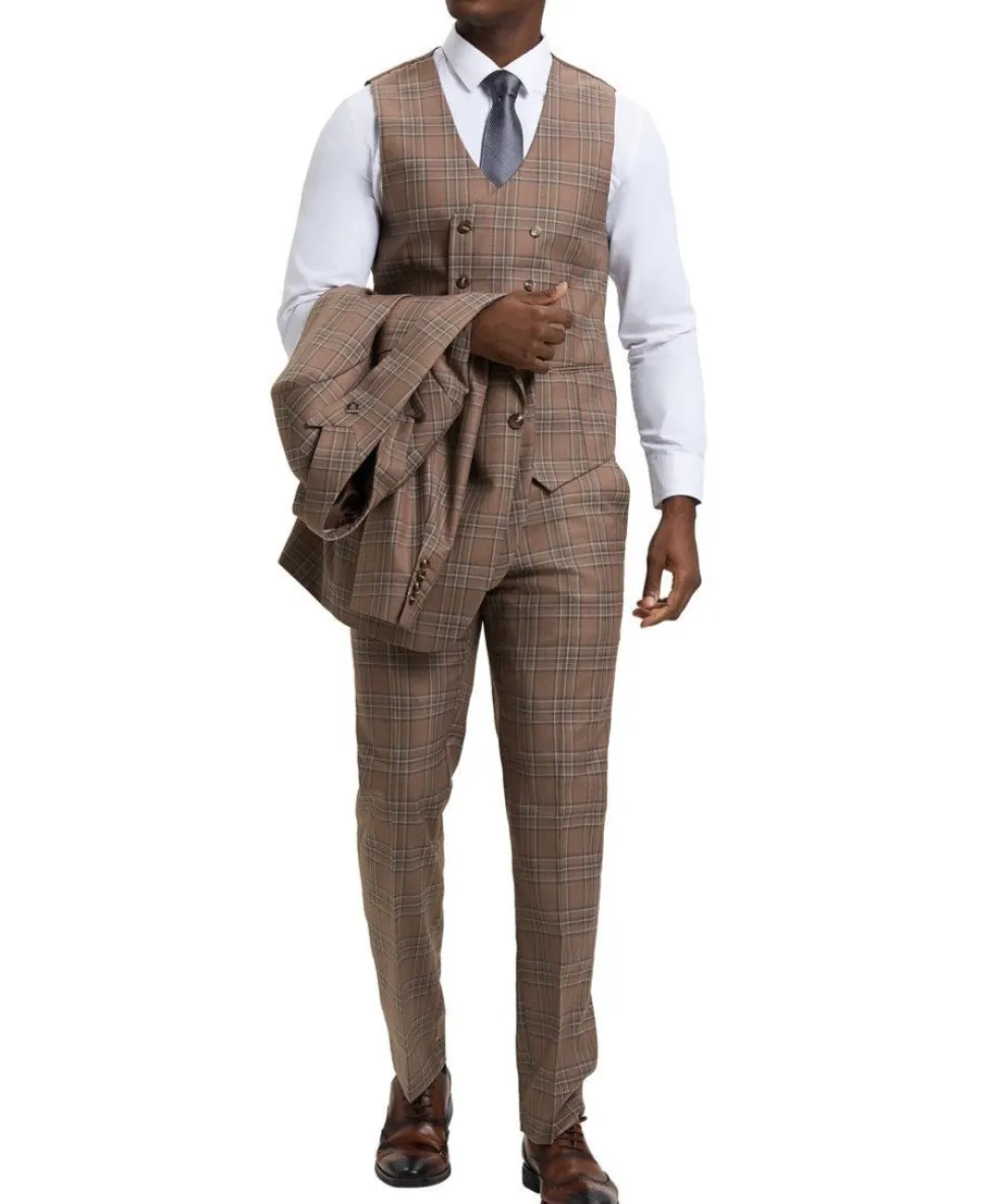 Stacy Adams - Brown 3 Piece 2 Button Plaid Peak Lapel Suit