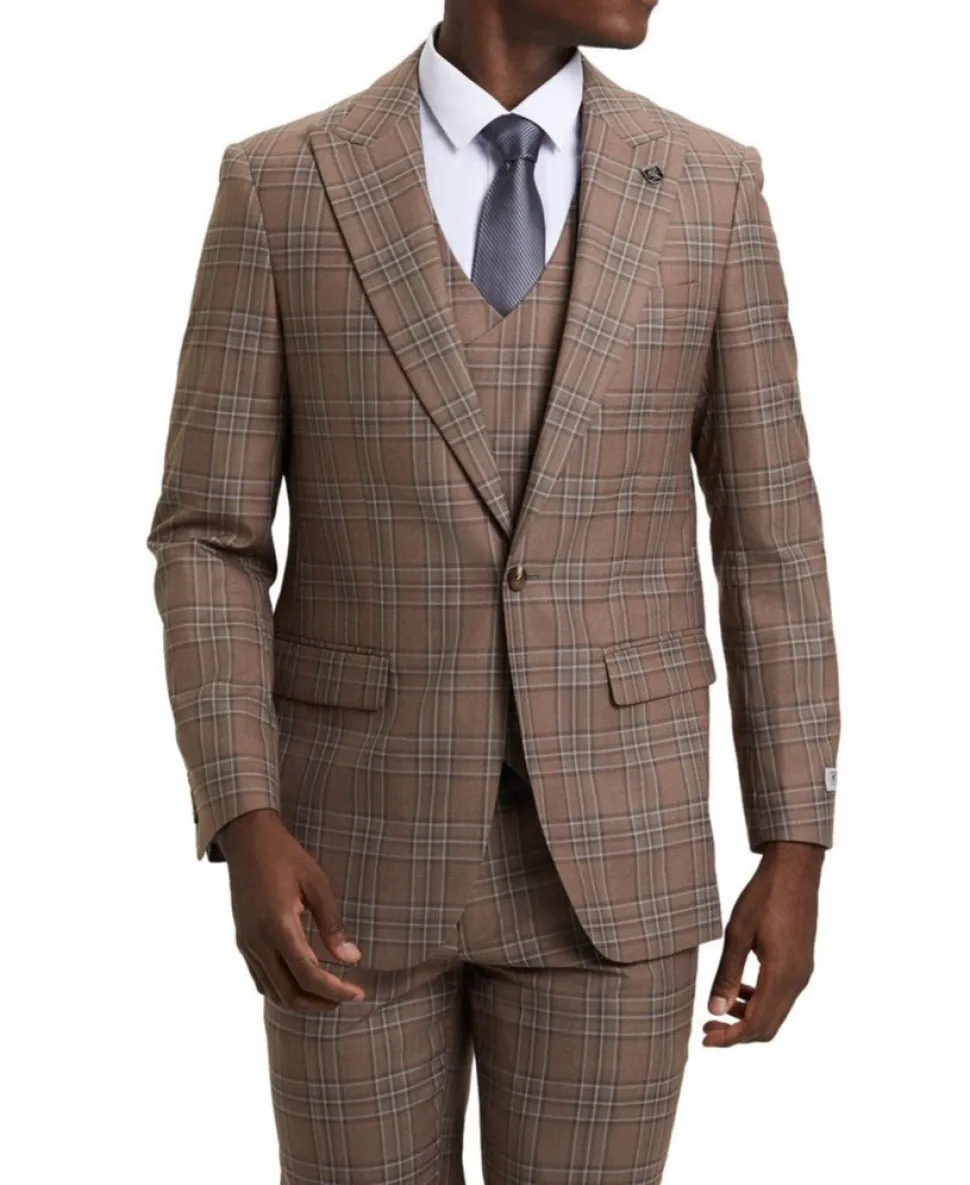 Stacy Adams - Brown 3 Piece 2 Button Plaid Peak Lapel Suit
