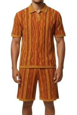 Stacy Adams - Brown Wavy Striped Pattern Polo Short Set