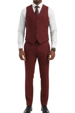 Stacy Adams - Burgundy Hybrid Fit Plaid 3 Piece Suit With Expandable Waist Band