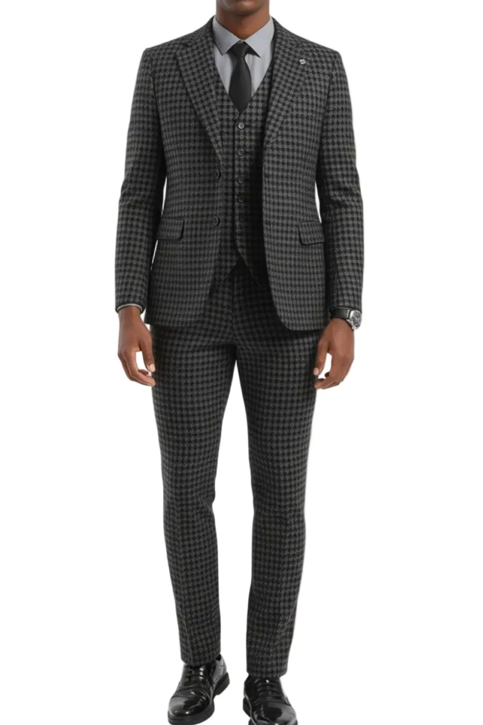 Stacy Adams - Gray Houndstooth 3 Piece Hybrid Fit Suit With Expandable Waist Band