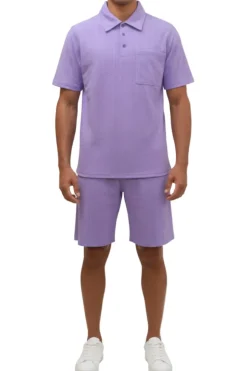 Stacy Adams - Lavender Geometric Jacquard Pattern Polo Short Set