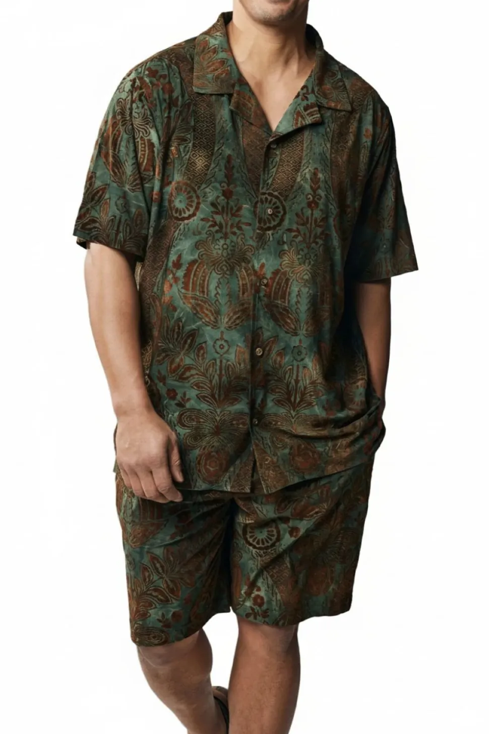 Stacy Adams - Men's Olive Abstract Design 2 Piece Walking Suit with Shorts Set