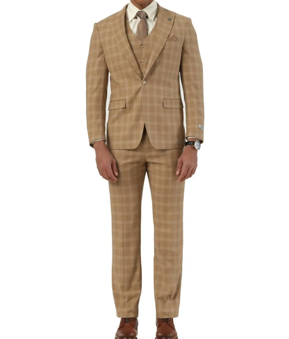 Stacy Adams - 3 Piece Hybrid Fit Glen Plaid Suit in Taupe