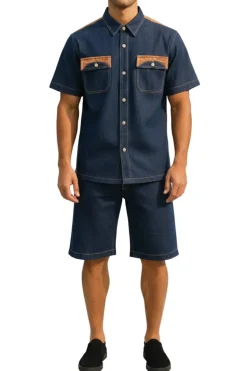 Stacy Adams - 2 Piece Indigo Short Sleeve Denim Style Set