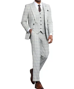 Stacy Adams - 3 Piece Windowpane Suit Hybrid Fit in Light Grey