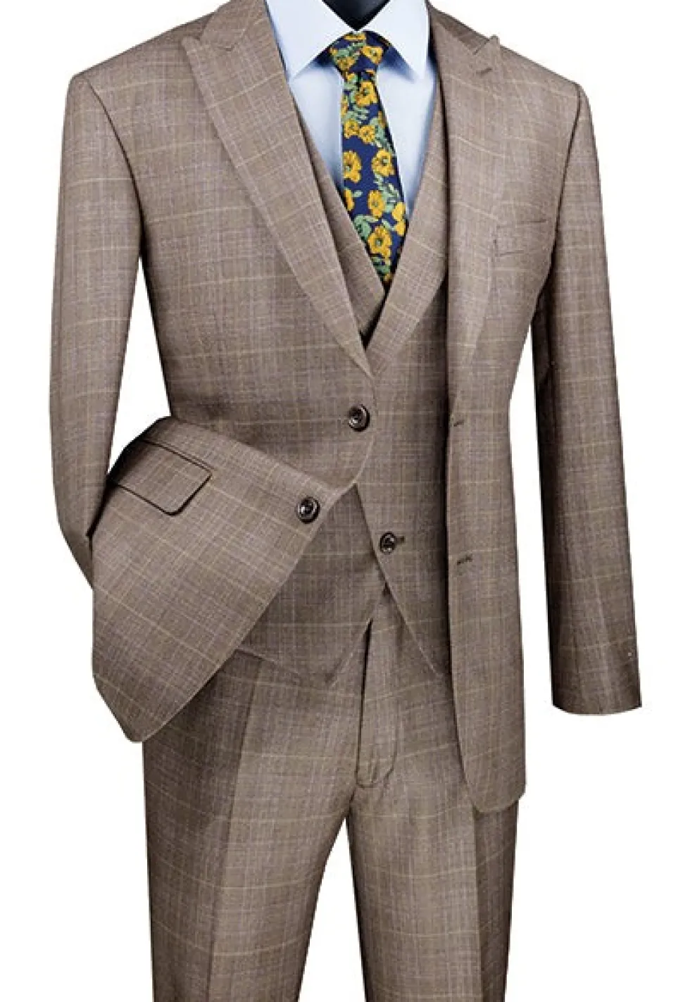 Tan Modern Fit Glen Plaid 2 Button Peak Lapel 3 Piece Suit