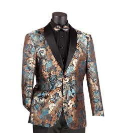 Teal Modern Fit Paisley Pattern Jacquard Fabric Jacket with Bow Tie