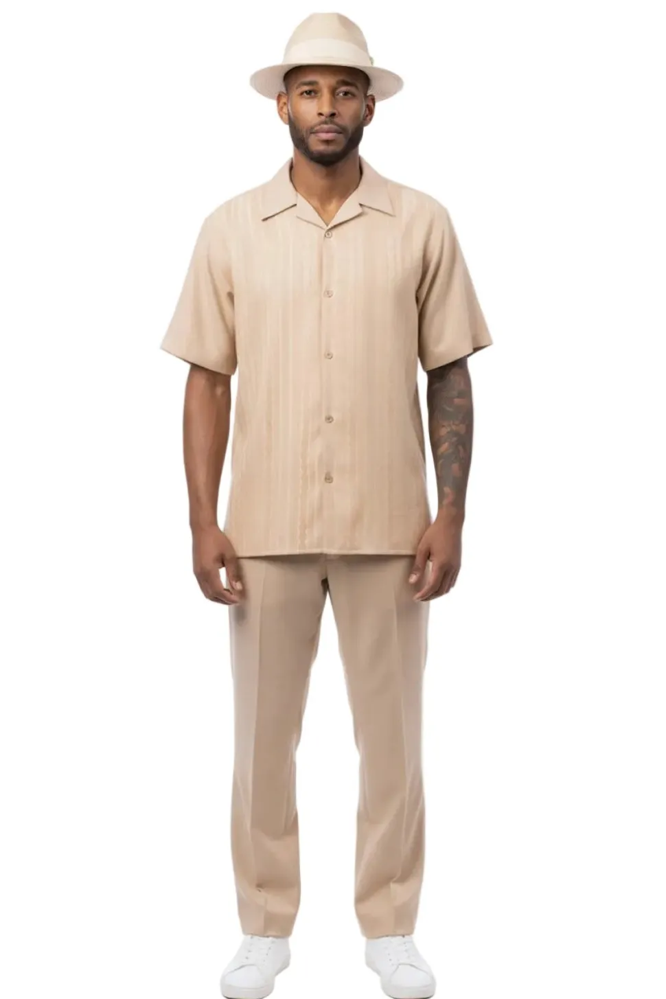 Tonal Jacquard Short Sleeve Walking Suit - Beige