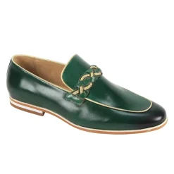 Tudor Collection - Green Leather Moc-Toe Woven Strap Dress Shoe