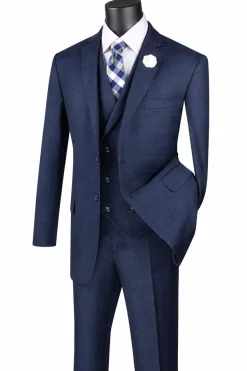 Venetian Collection - Navy Regular Fit Glen Plaid 2 Button 3 Piece Suit