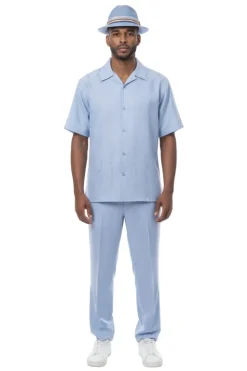 Vertical Stripe Jacquard Short Sleeve Walking Suit - Sky