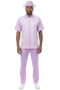 Vertical Stripe Panel Short Sleeve Walking Suit - Lavender
