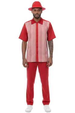 Vertical Stripe Panel Short Sleeve Walking Suit - Red