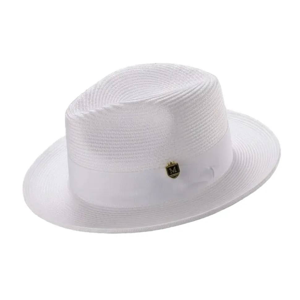 White Braided Wide Brim Pinch Fedora Matching Grosgrain Ribbon
