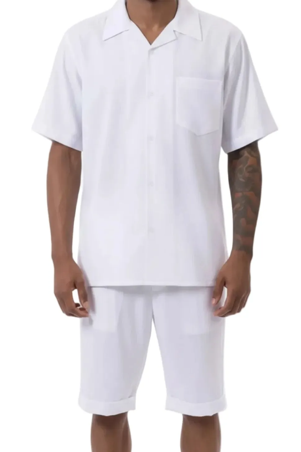 White 2 Piece Short Sleeve Walking Suit Set with Elastic Waistband Shorts