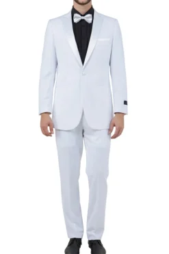 White Slim Fit 2 Piece Tuxedo With White Satin Peak Lapel