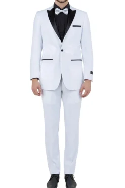 White Slim Fit 2 Piece Tuxedo With Black Satin Peak Lapel