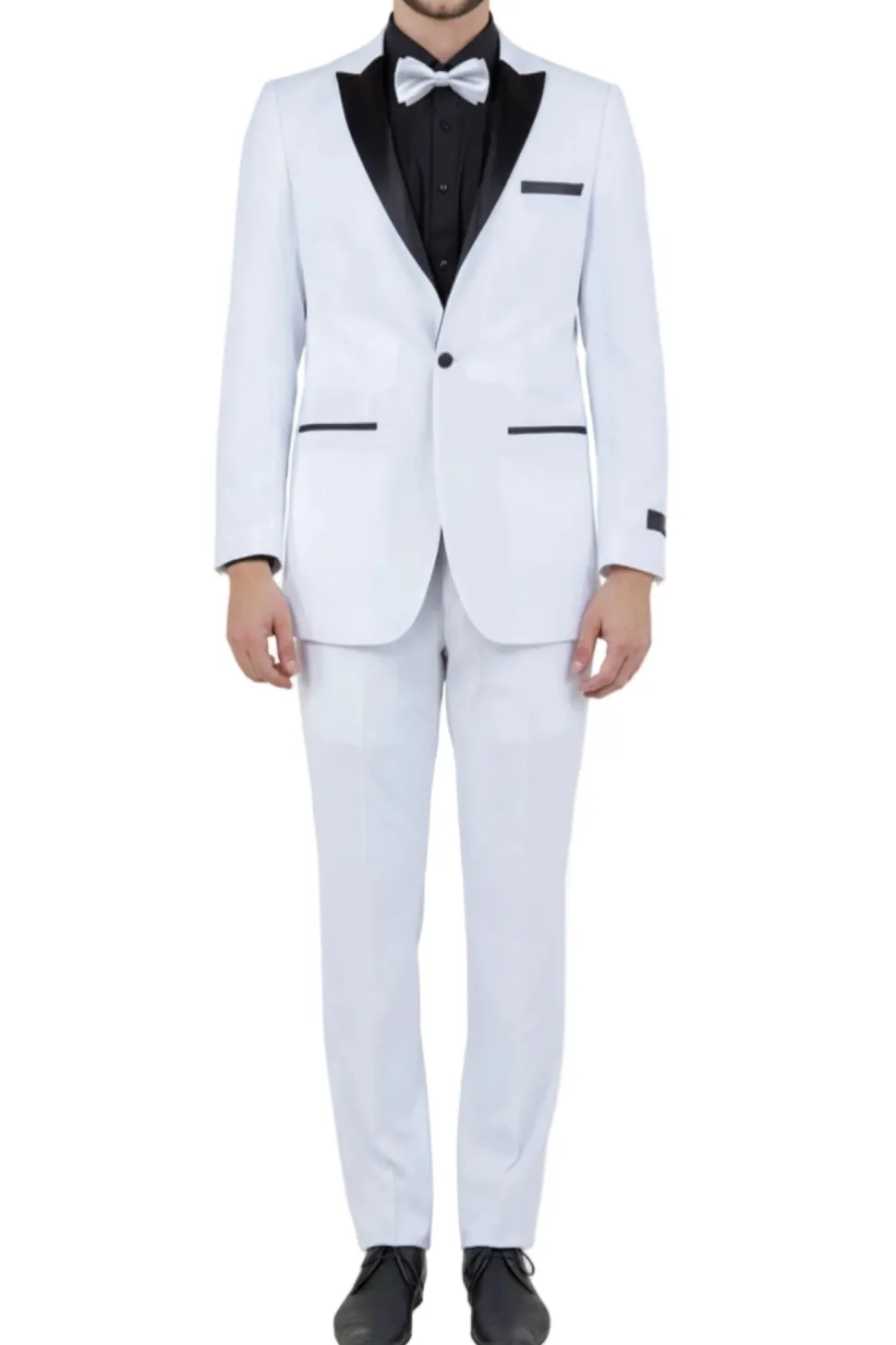 White Slim Fit 2 Piece Tuxedo With Black Satin Peak Lapel