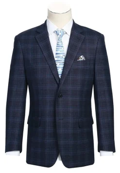 Wool Blend Regular Fit Stretch Checked Blazer in Navy
