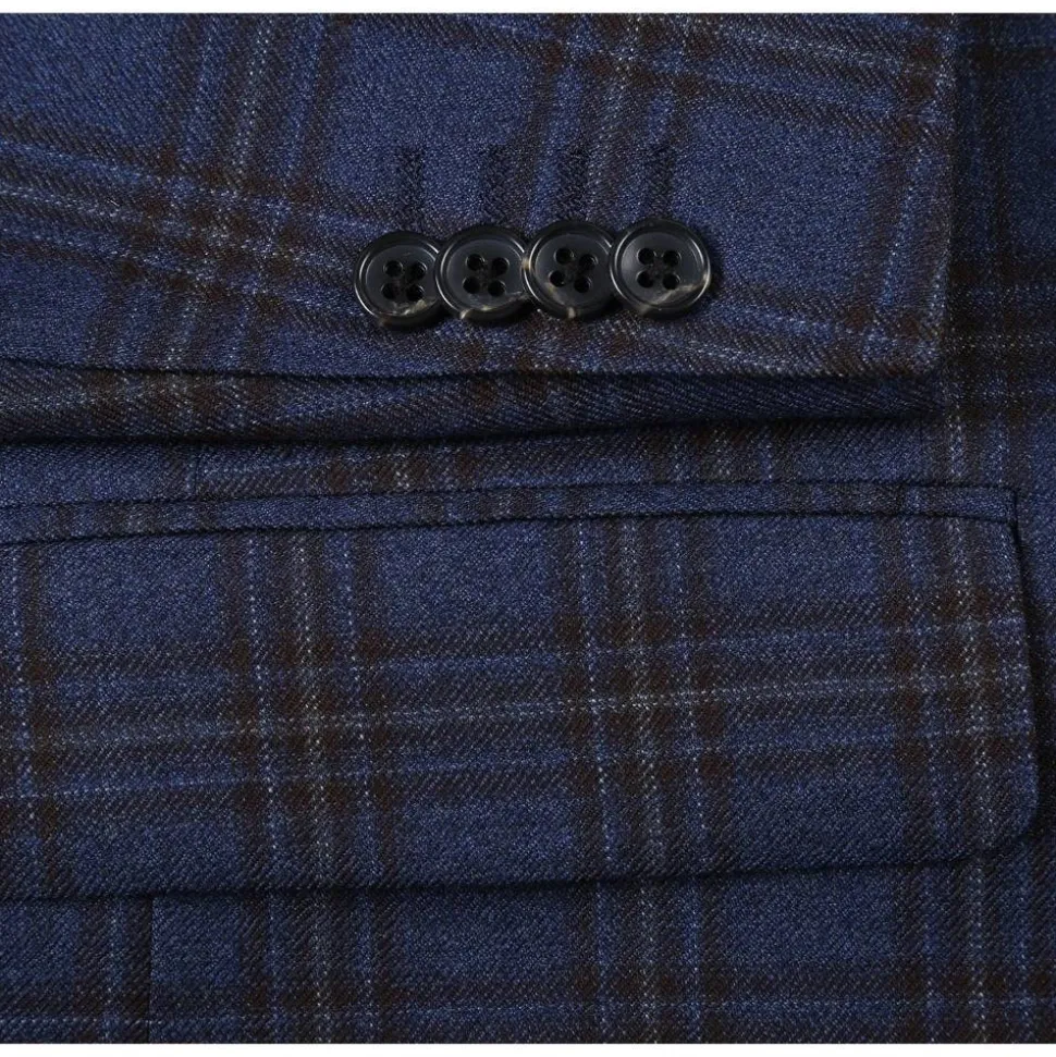 100% Wool Regular Fit 2 Button Sports Coat In Navy Plaid
